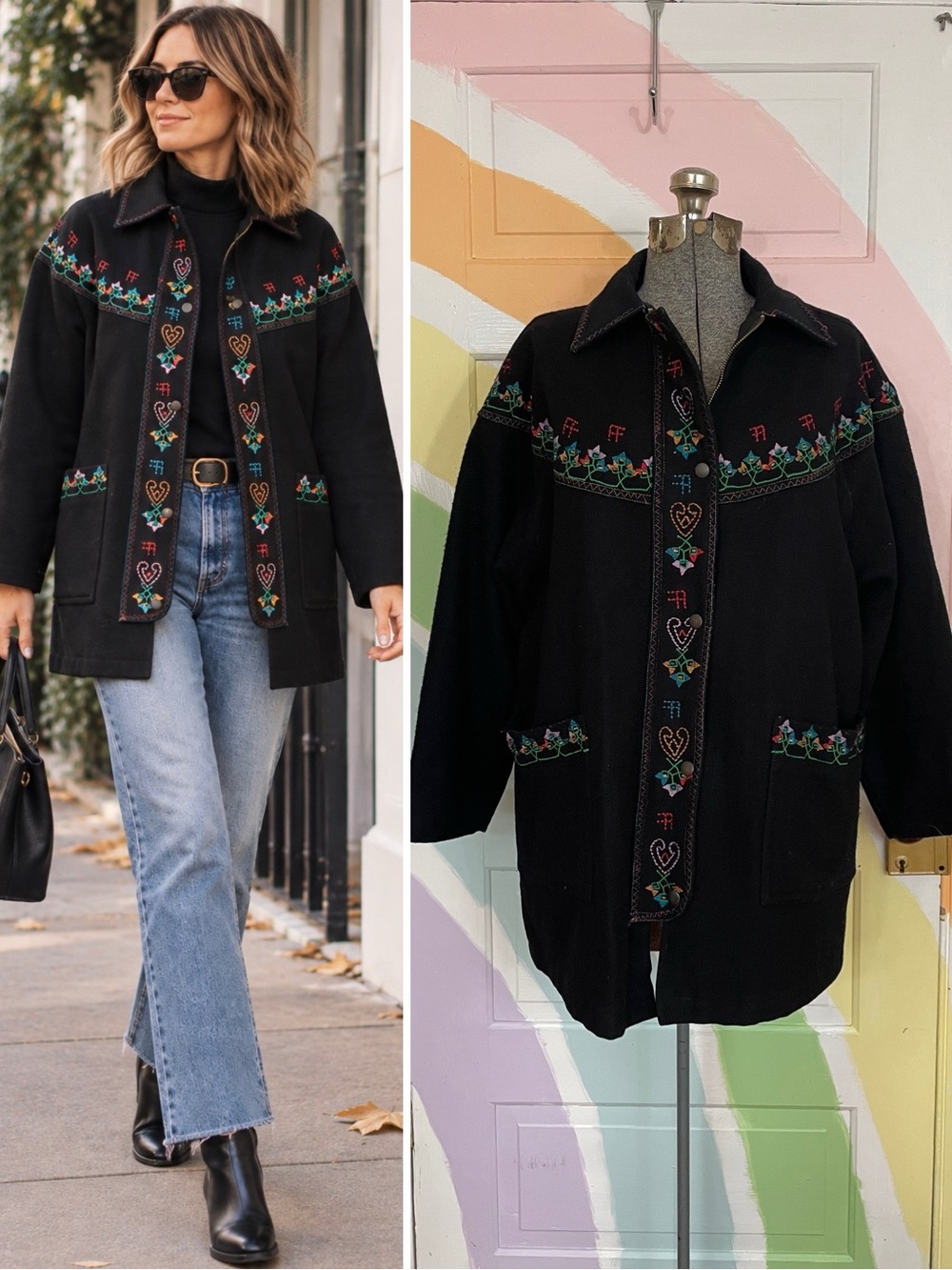 Vintage Contempo Casuals Black Wool Embroidered Folk Western Jacket Sz M 🧡🎀